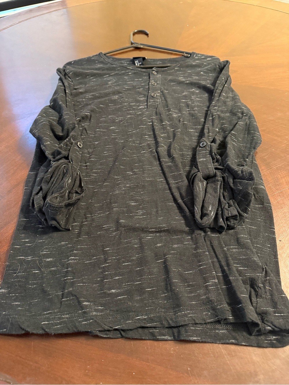 H&M Black Heathered Henley with Roll-Tab Sleeves